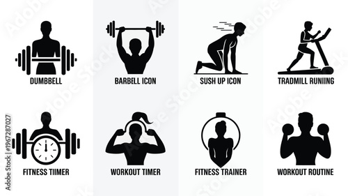 Collection of modern fitness and workout silhouette icons representing various exercises and equipment like dumbbells barbells treadmills and timers perfect for sports apps gym
