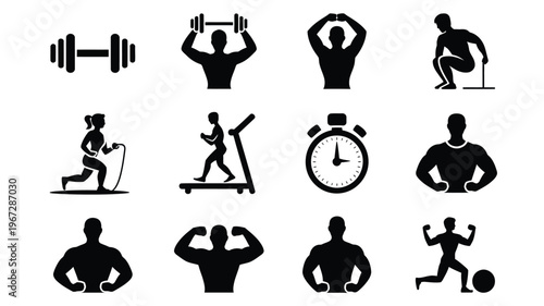Dynamic collection of black silhouette icons representing various fitness activities gym equipment and athletic training perfect for health and wellness branding workout