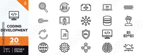 Comprehensive coding and web development icon set featuring 20 minimalist line symbols for software engineering, cloud computing, database management, cybersecurity, and artificial intelligence