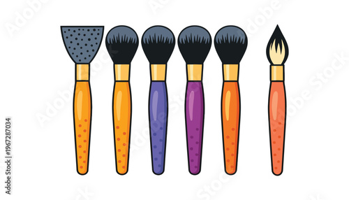 A colorful set of makeup brushes in different shapes and sizes
