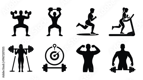 Dynamic silhouette fitness icons pack diverse workout scenes featuring weightlifting cardio and strength training for health and wellness branding sports clubs and digital design