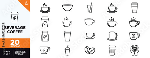 Collection of twenty professional coffee and beverage line icons including various cups mugs espresso beans take-away containers and cafe drink symbols for web design mobile apps and menu branding