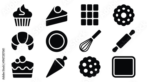 Collection of twelve clean black vector icons representing baking and dessert items including cupcakes cake slices chocolate bars cookies croissants rolling pins whisks and piping