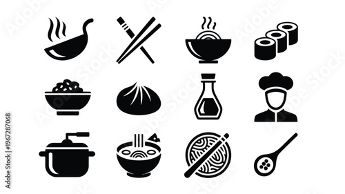 Collection of asian cuisine icons noodles sushi dumplings chef wok pot soy sauce chopsticks and spoons for restaurant menus food blogs and culinary design