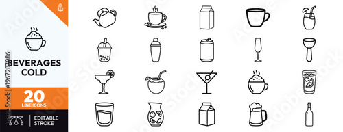 Beverage and drink line icons set for menu design and hospitality websites featuring coffee cup tea pot milk carton soda can cocktail glass beer mug wine bottle bubble tea and coconut drink.
