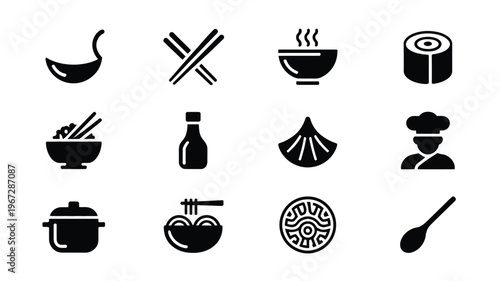 Diverse collection of minimalist black icons representing asian cuisine elements including soup ladle chopsticks steaming bowl sushi roll rice bowl soy sauce bottle dumpling chef