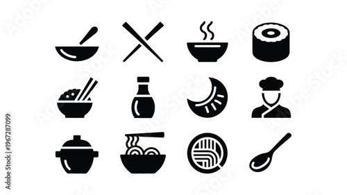 Collection of diverse japanese and asian culinary icons in a clean minimalist flat design style representing food and dining elements for graphic design projects and branding