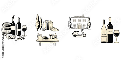 Italian countryside scene with wine cheese pizza and scooter italy