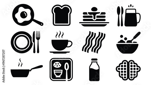 Collection of black and white vector icons representing breakfast foods and cooking utensils including fried egg in pan toast pancakes coffee cup bacon strips cereal bowl frying