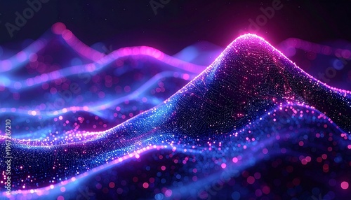 Dynamic Luminous Particle Waves A Futuristic Digital Landscape with Glowing Blue and Purple Lights, Visualizing Abstract Data Flow