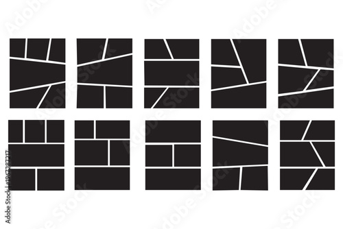 Moodboard photo gallery with mosaic montage and pattern design for composition banner or background album illustration. Square board template and collage grid with frame mockup shape tile brochure.