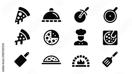 Collection of stylized black and white vector icons representing pizza cooking and restaurant elements perfect for culinary branding and web design