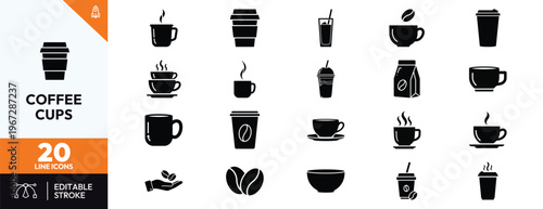 Minimalist coffee cup icons set for cafe branding and restaurant menu design featuring silhouette symbols of hot drinks mugs disposable paper cups espresso cappuccino latte and roasted beans