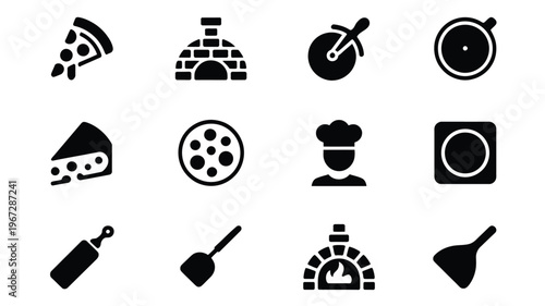 Collection of vector icons representing pizza making and italian cuisine elements including slices cheese toppings ovens and utensils perfect for food service branding and digital