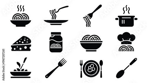 Collection of stylized black and white vector icons representing various aspects of italian cuisine and food preparation including pasta dishes ingredients and cooking utensils