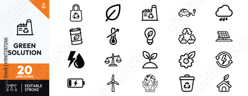 Set of 20 ecology and environmental sustainability line icons featuring solar energy wind power electric vehicles recycling symbols and nature conservation concepts for green business.