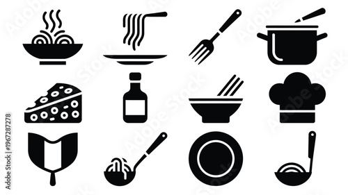 Diverse collection of black vector icons representing culinary elements cooking utensils and food items ideal for gastronomy and restaurant graphics