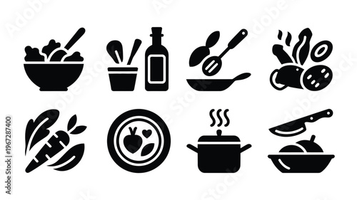 Healthy cooking icons set silhouette collection featuring salad bowl vegetables olive oil cooking pot knife and fresh ingredients for culinary design and gastronomy concepts