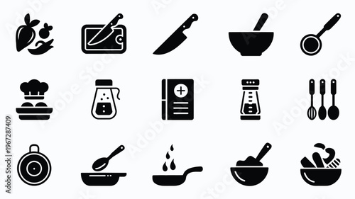 Culinary icons collection diverse kitchen tools food preparation and cooking symbols representing gastronomy chef skills and healthy eating on a clean background