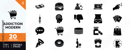 Modern Addiction Icon Set Representing Unhealthy Habits and Dependencies such as Drug Abuse Alcoholism Gambling Internet Addiction Junk Food Shopping and Social Media for Design Projects