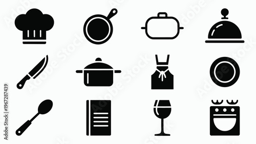 Collection of minimalist vector icons representing cooking and kitchen essentials including chef hat knife spoon frying pan pots apron plate casserole dish recipe book wine glass