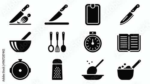 Versatile collection of black silhouette icons representing culinary tools and kitchenware perfect for food service branding recipe apps and gastronomy websites vector graphics