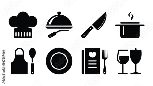 Collection of black silhouette icons representing culinary elements chef hat cloche dish knife cooking pot apron spoon plate menu and wine glasses isolated on a white background