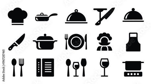 Collection of restaurant and cooking icons in silhouette including chef hat pans pots knives plates cutlery wine glass apron menu and stove representing culinary services and food