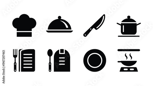 Collection of eight diverse black culinary and restaurant service icons including chef hat cloche knife pot cutlery menu plate and cooking stove presented on a clean white