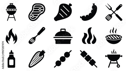 Collection of black silhouette icons representing barbecue cooking elements including grills steaks sausages corn skewers sauces and utensils set against a clean white background