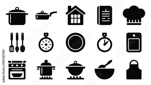 Collection of black silhouette icons representing home cooking and kitchen essentials including pots pans oven chef hat cookbook apron and utensils set against a clean white