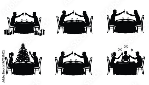 A couple and friends toasting with wine glasses in black silhouette illustrations