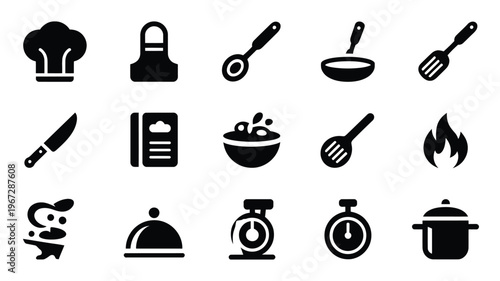 Collection of professional culinary icons and symbols representing cooking baking and kitchen essentials perfect for restaurant branding recipe apps and food blogs showcasing chef