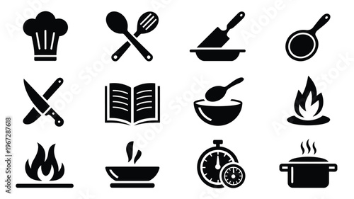 Diverse culinary icons collection chef hat utensils knives cookbook cooking pot fire timer and bowls representing gastronomy food preparation and restaurant services