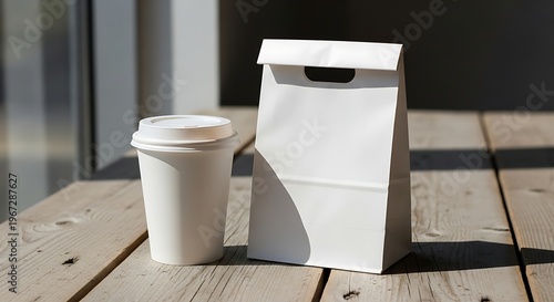 A white paper bag and a coffee cup on a wooden table in sunlight.
