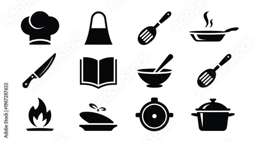 Diverse culinary icons collection featuring chef hat apron knife open book whisk frying pan bowl flame and pots for cooking and restaurant themes