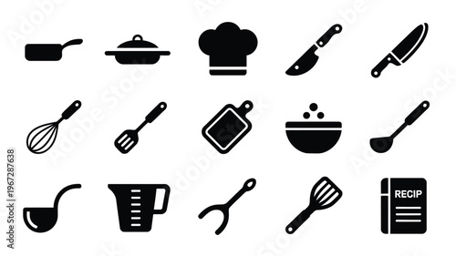 Collection of culinary icons and kitchen utensil silhouettes including chef hat knives pots whisks spatulas cutting board measuring cup ladle and recipe book perfect