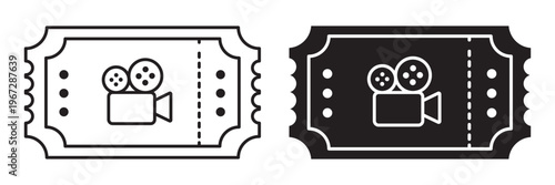 Event ticket icons. Cinema Ticket Icon Set with Film Camera Symbol, Movie Admission Pass Vector Illustration Outline and Solid Fill Minimal Design for Theater Booking, Entertainment Event Entry