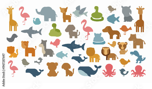 Minimal animal icon set domestic wild birds reptiles fish marine life vector isolated on white background