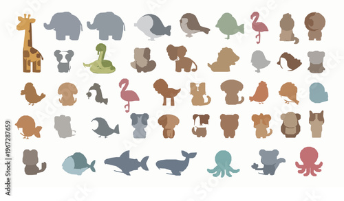 Cute animal vector set domestic and wild animals birds reptiles fish marine life cartoon characters isolated on white background