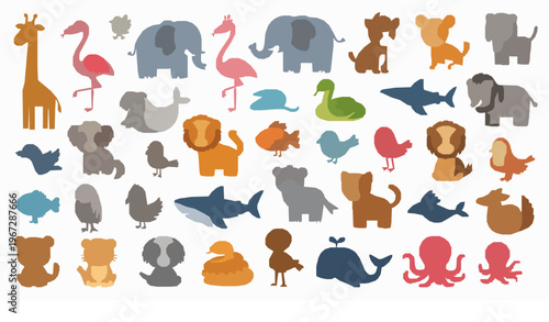 Playful animal collection cute wild and marine creatures flamingo giraffe elephant shark whale vector isolated on white