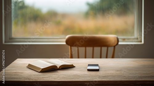 Book and smartphone on wooden table by window. Minimal interior with chair and blurred countryside view, quiet reading and digital detox retreat concept, no people.