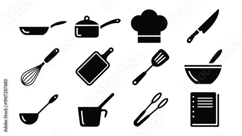 Collection of black silhouette icons representing culinary tools and chef accessories ideal for restaurant menus cooking blogs and kitchenware branding projects with a clean