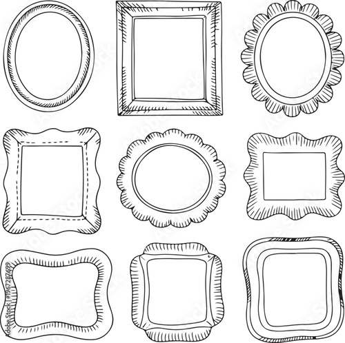 Collection of ornate empty picture frames in various shapes and styles