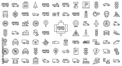 Collection of black and white line art icons depicting transportation and road signs