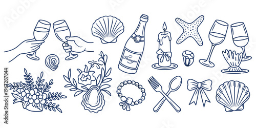Nautical and Celebration Icons with Champagne Glasses and Shells Keywords: champagne, celebration, toast, cheers, wine glasses