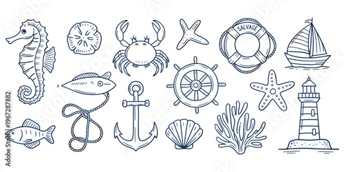 Nautical Themed Icons with Seahorse Crab Anchor and Lighthouse Keywords: seahorse, crab, anchor, lighthouse, sailboat, ship
