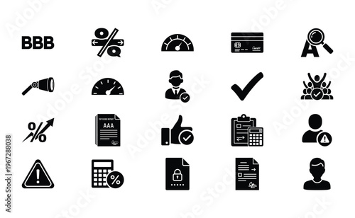 Comprehensive collection of business and finance icons including credit score meters, interest rates, checkmarks, secure documents, ratings, and human resources assessment symbols.