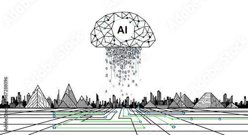 Conceptualization of Artificial Intelligence Shaping Futuristic Digital Landscapes and Urban Development With Data Streams Flowing Downwards From A Neural Network Representation Signifying