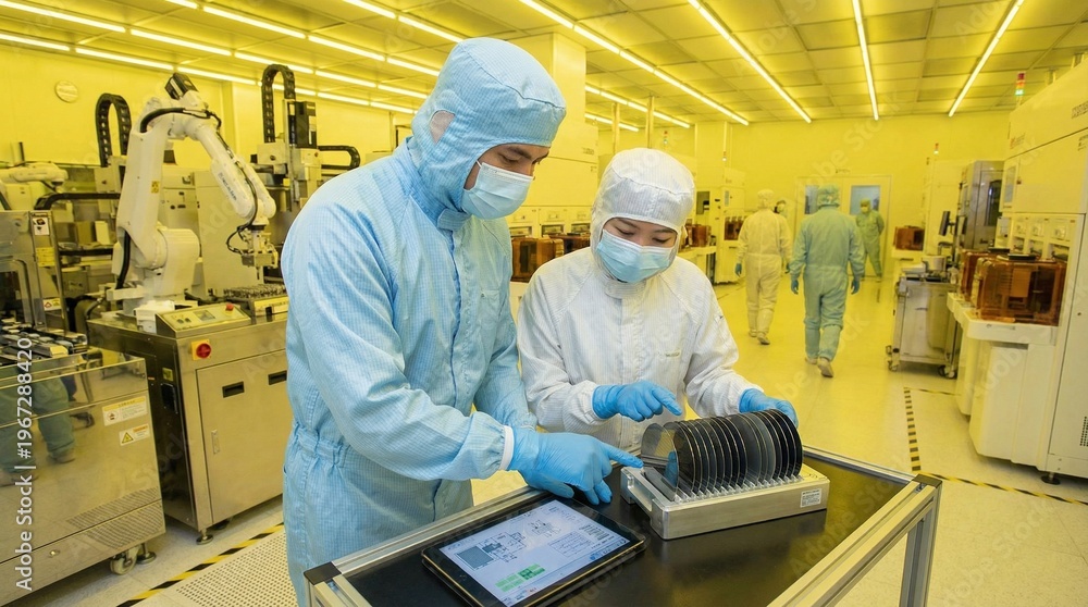 Naklejka premium Two engineers in full cleanroom suits examining silicon wafers inside semiconductor fabrication facility, yellow-lit environment with robotic machinery symbolizing precision, technology, and microchip